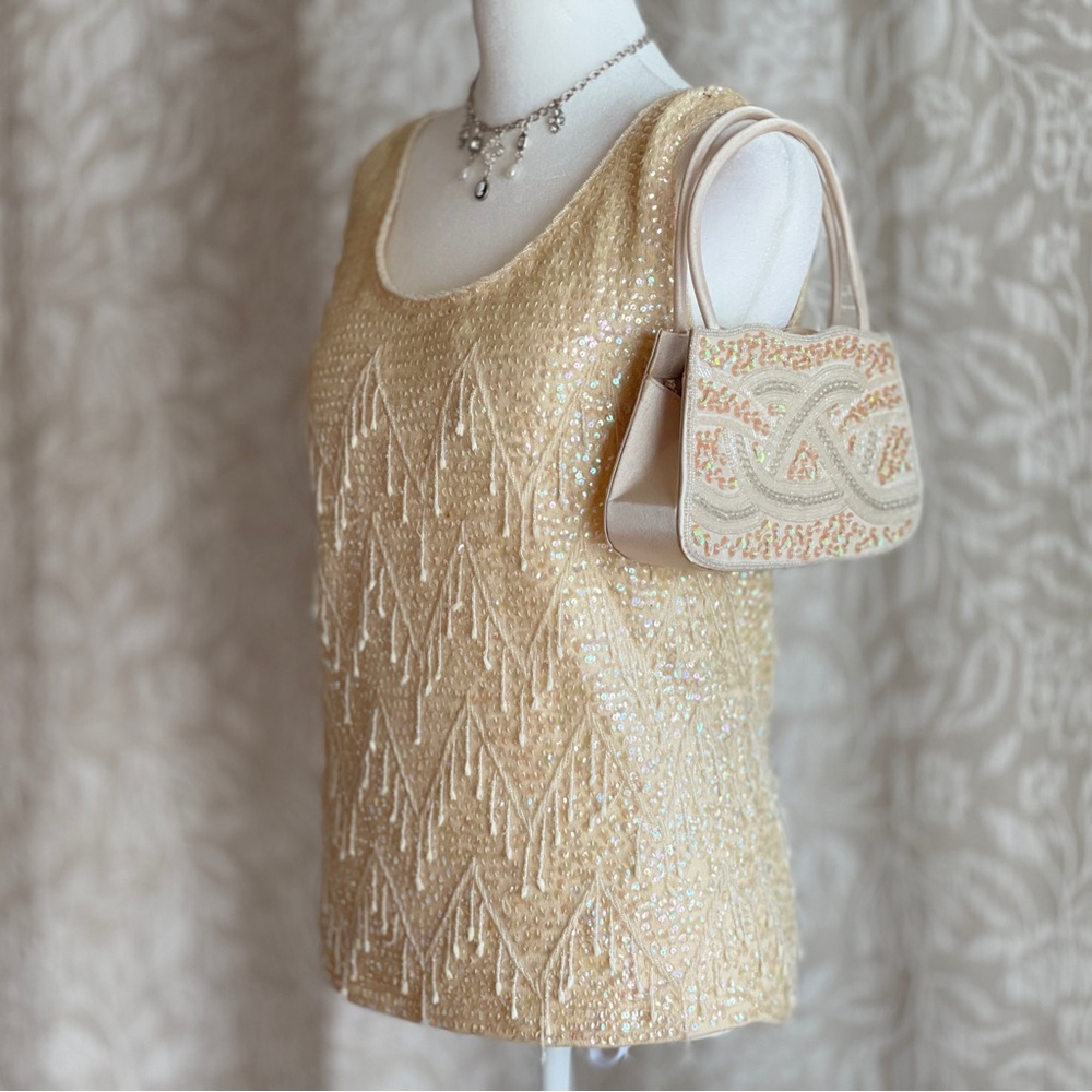 Vintage 1960s Zado of California Art Deco‎ Beaded Wool Sequin Tank Top Blouse S
